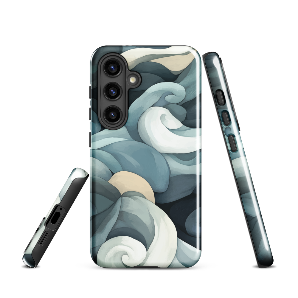 Phone case with abstract swirling ocean waves in blue and cream