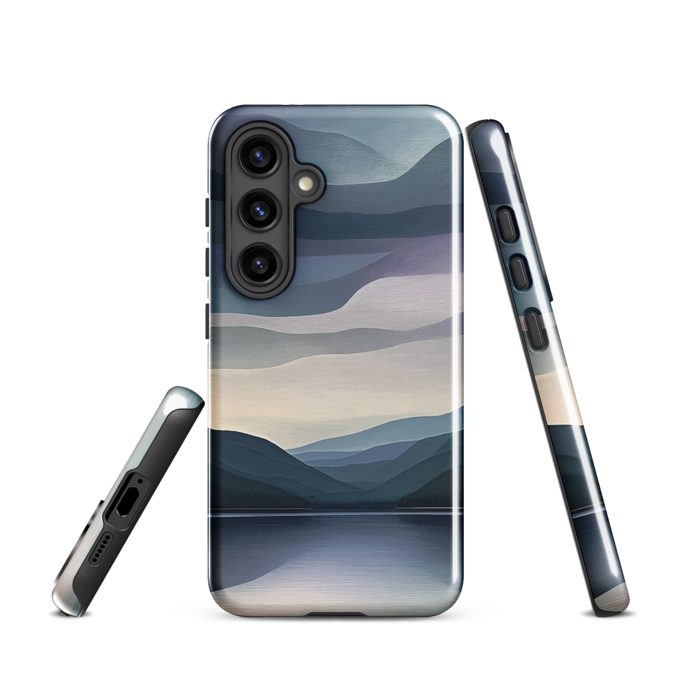 Phone case with moody blue and purple layered mountain and lake landscape artwork