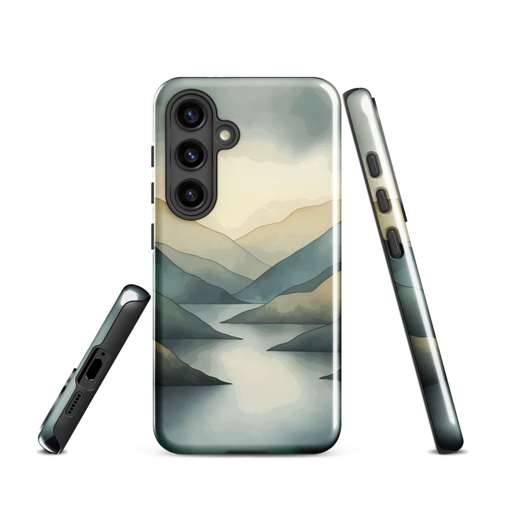 Phone case with soft mountain and valley design in misty green, blue, and golden tones