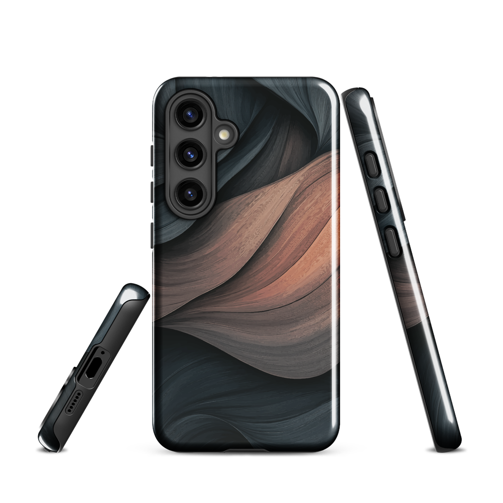 Phone case with flowing abstract design in black, copper and charcoal tones, inspired by dusk shadows