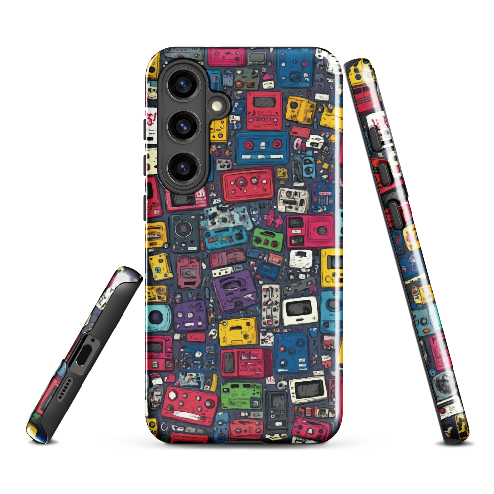 'Arcade' Samsung case, featuring a vibrant collage of hand-drawn controllers in bold, vintage-inspired colours. From electric blue and hot pink to classic black and yellow