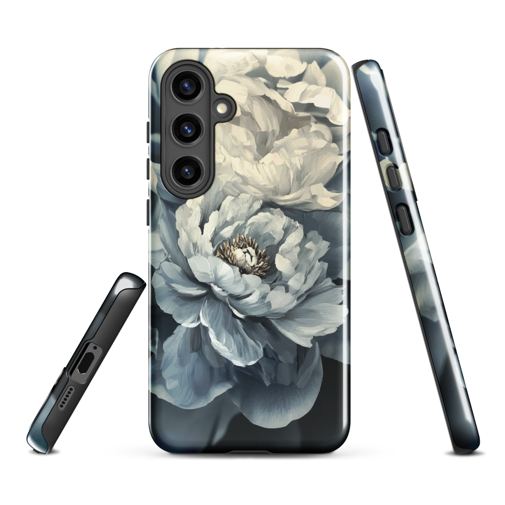 'Whisper' Samsung case features a stunning close-up of softly painted peony blooms in dreamy shades of ivory, grey, and smoky blue.