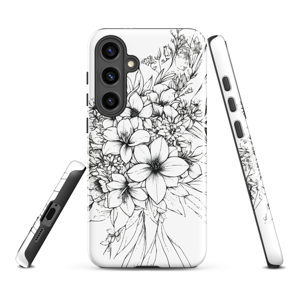 Black and white floral phone case with hand-drawn lilies and wildflowers
