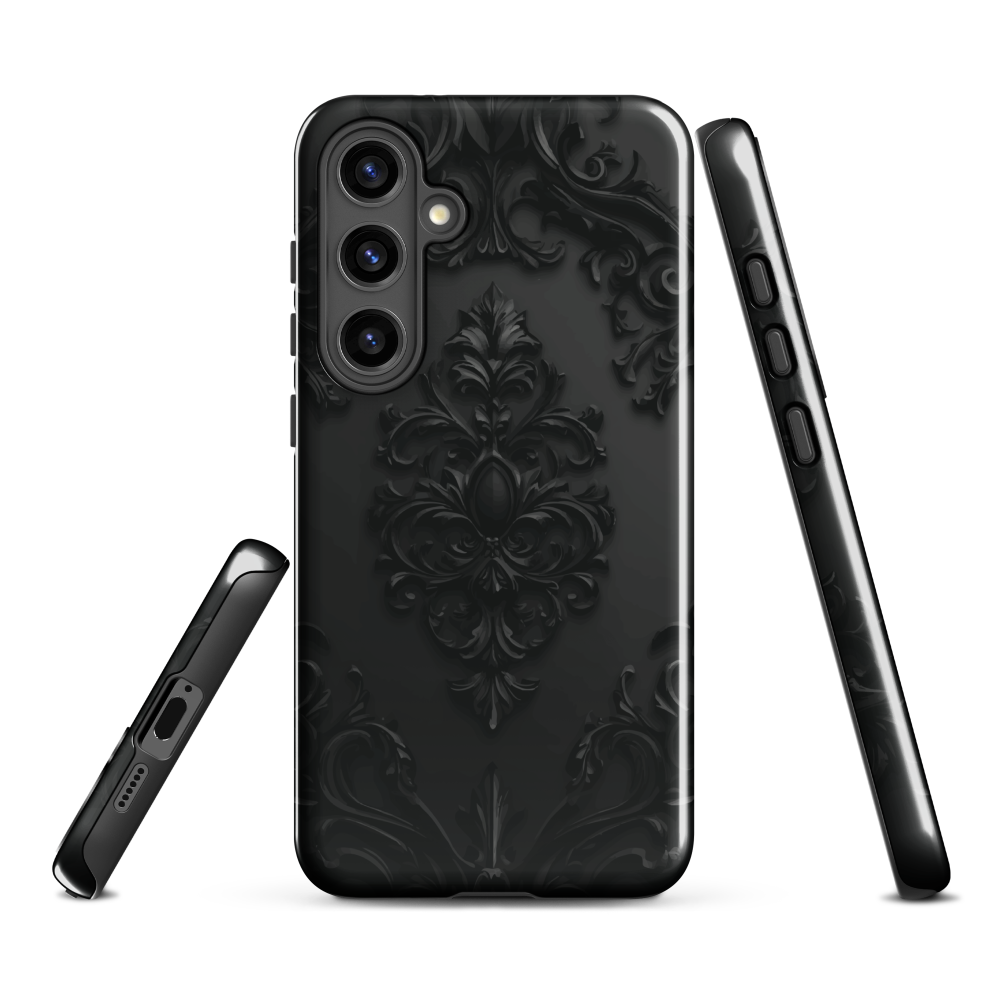 Black embossed damask phone case with gothic baroque pattern.