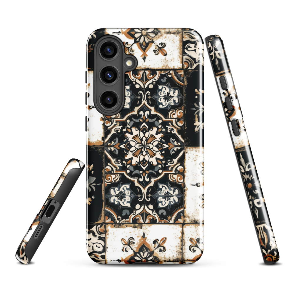Moroccan tile pattern phone case in black, white, and gold tones with vintage-inspired design.