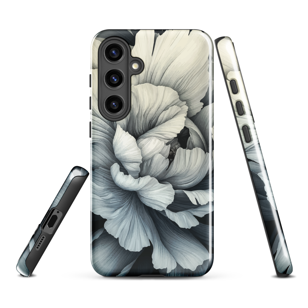 Black and white floral phone case featuring a soft, moody peony design by New Zealand artist Ben Hart.