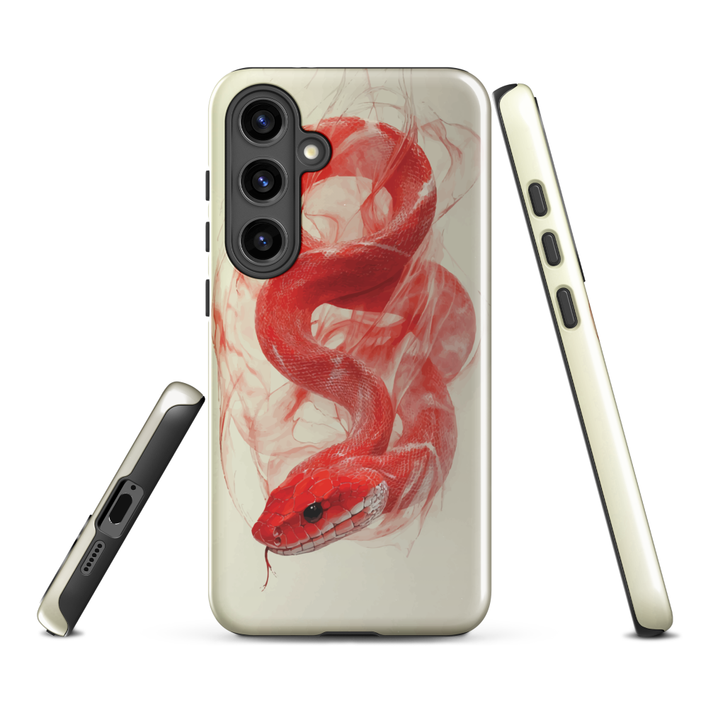 Phone case with red snake design on a cream background, coiled in smoky detail. Bold artwork by NZ designer Ben Hart.