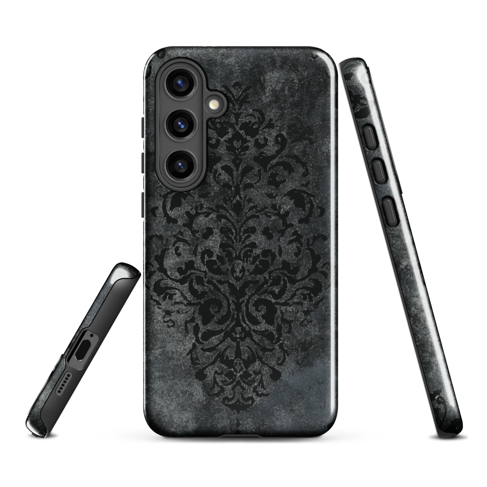 Dark damask patterned phone case with a vintage gothic aesthetic and textured stone background.