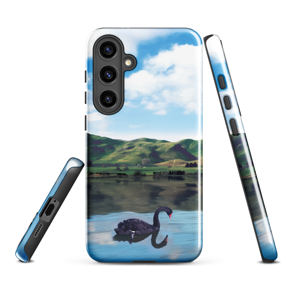 Phone case with a black swan on a calm lake, New Zealand hills in the background. Art by NZ designer Ben Hart.