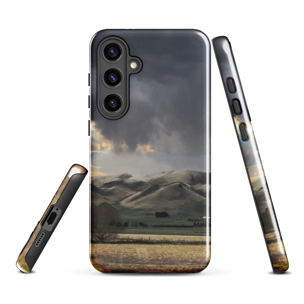 Designer phone case with NZ landscape painting of Te Hauke and cloudy skies by Ben Hart.
