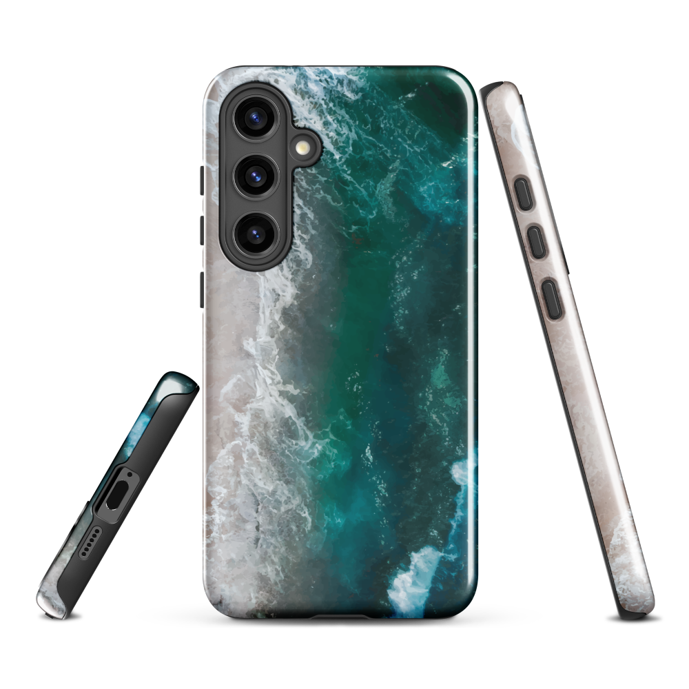 Ocean wave phone case with abstract beach design in teal and white, by NZ artist Ben Hart.