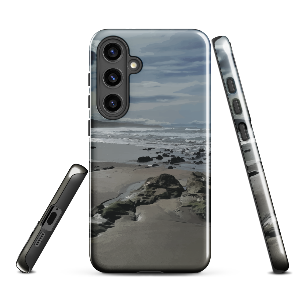 Phone case with artwork of Riversdale Beach, Masterton – rocks, waves and sky by NZ artist Ben Hart.