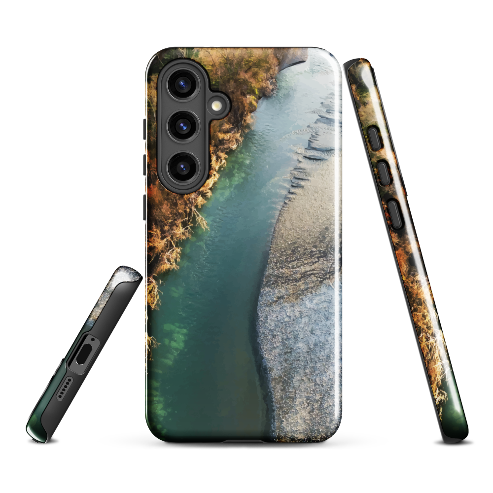 Phone case with aerial riverbend artwork and earthy tones, designed by New Zealand artist Ben Hart.