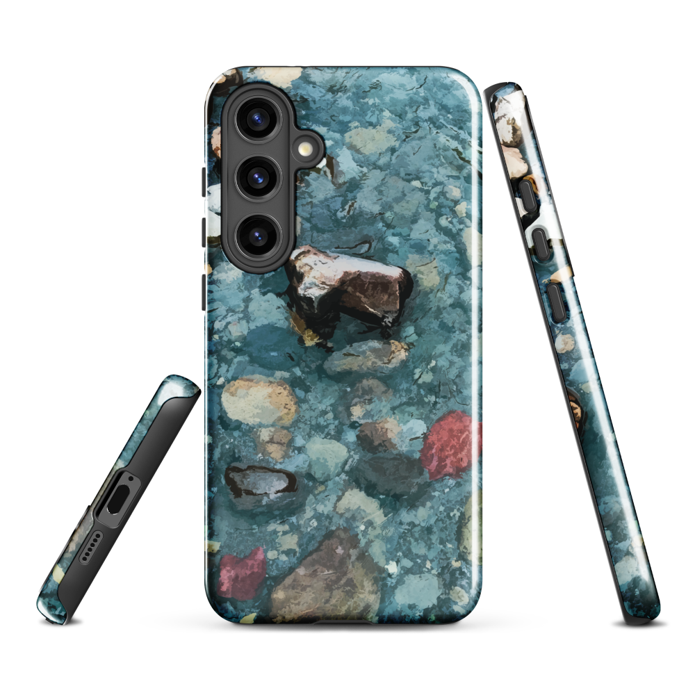 Washed Away designer phone case with abstract river stone artwork in earthy blues and natural tones.