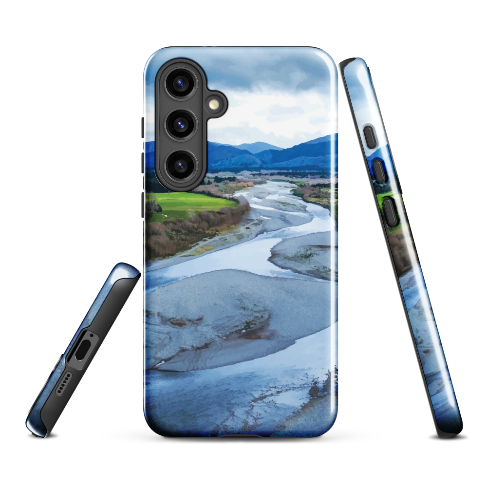 Waiohine phone case featuring artwork of New Zealand’s braided riverbed landscape in the Wairarapa.
