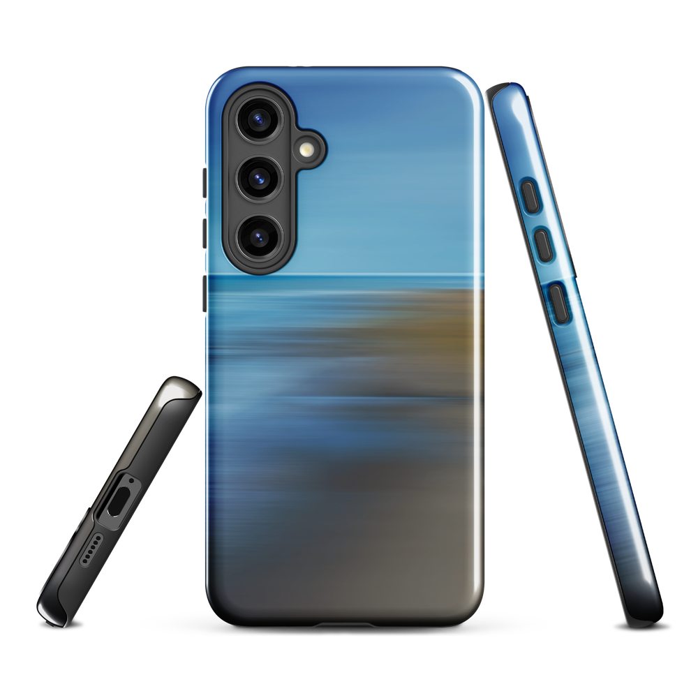 Ocean Breeze phone case with abstract blue and sandy tones inspired by sea and sky.