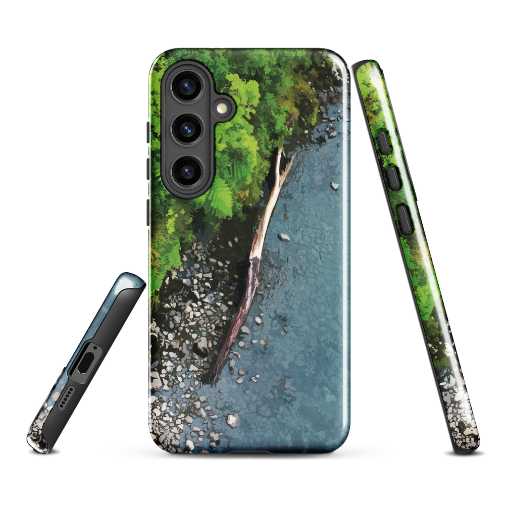 Resting Place phone case with aerial artwork of river rocks, green bush, and driftwood in a New Zealand stream.