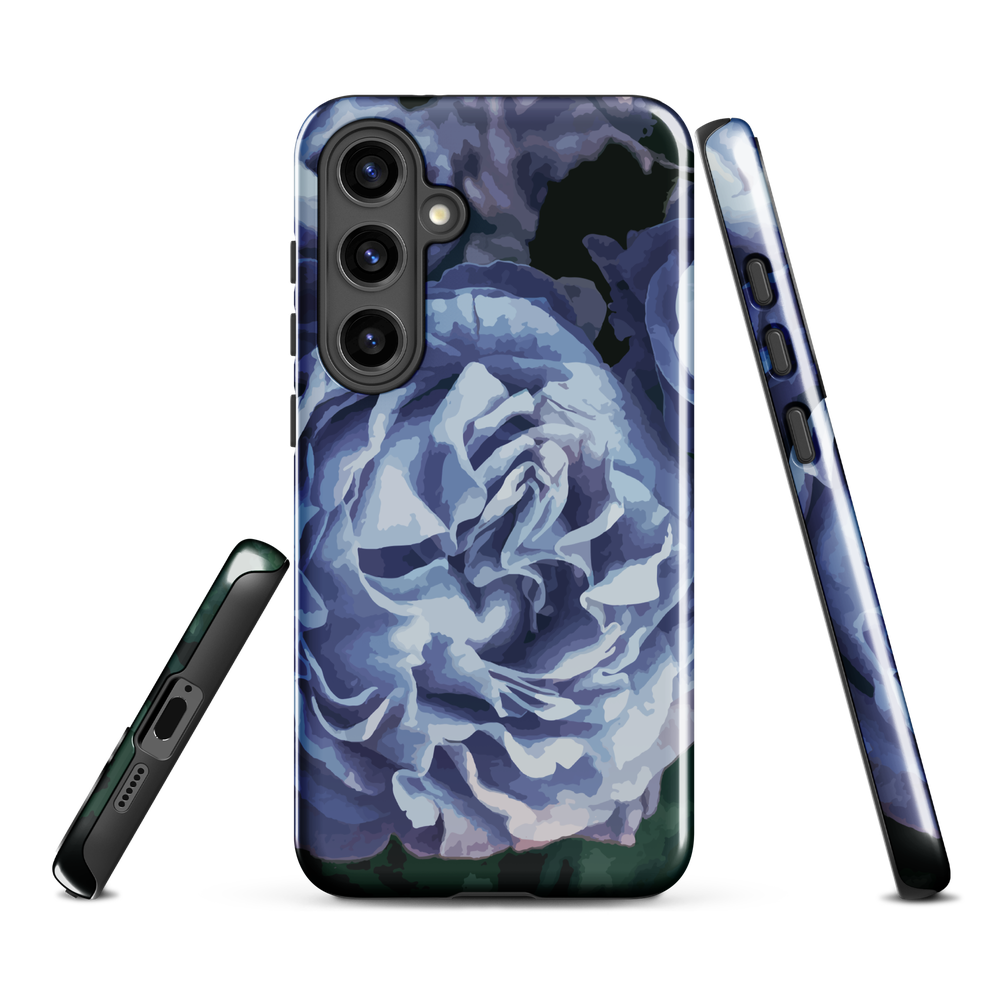 Designer phone case with a bold blue rose artwork and glossy finish.