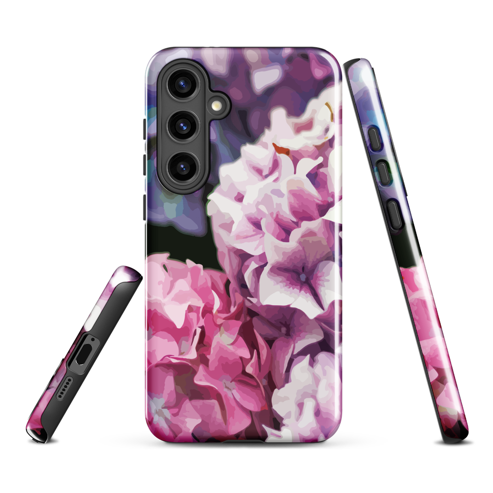 Designer phone case with pink and purple hydrangea floral artwork.