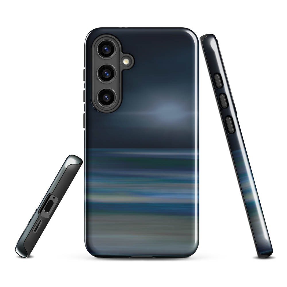 Dark abstract phone case with blue and grey streaks and glossy finish.