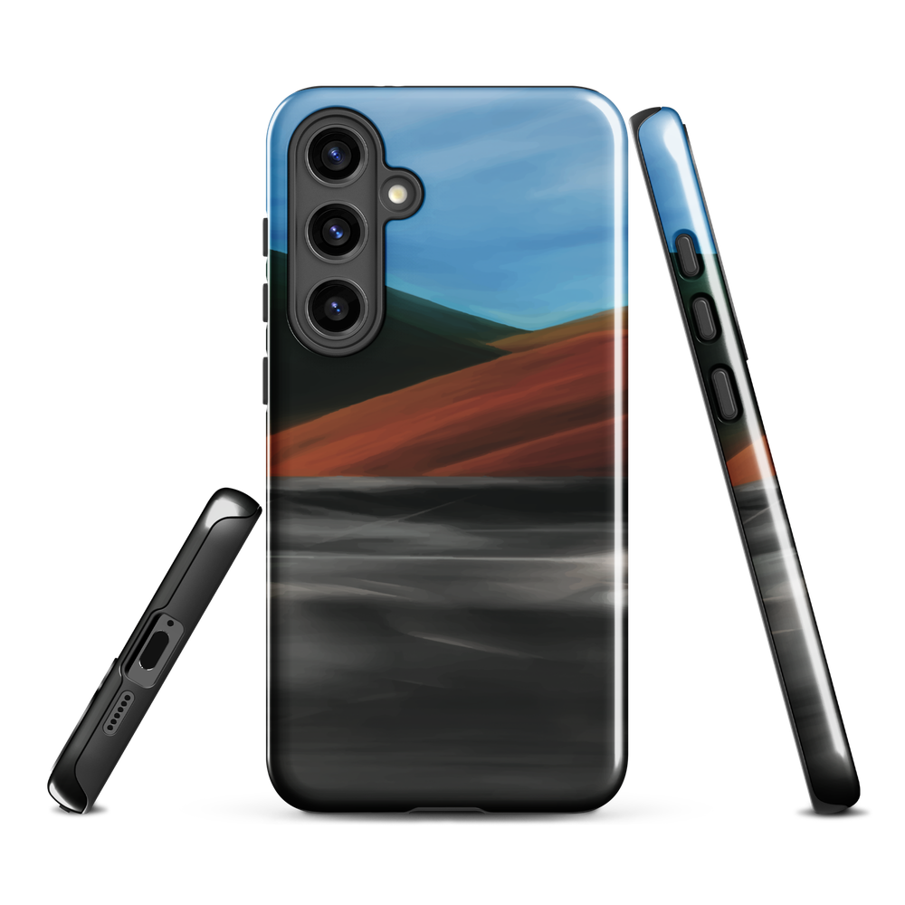 Phone case with abstract red, green, and blue heat wave landscape design.