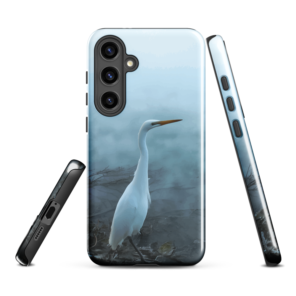 Phone case with a white heron standing in a misty wetland scene.