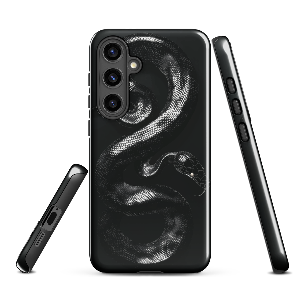 Phone case with detailed black python design on dark background.