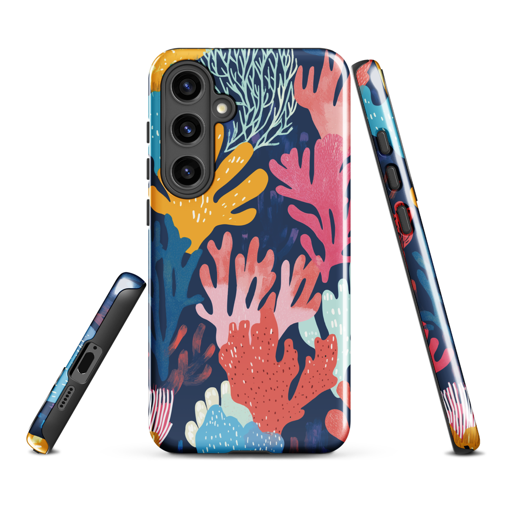 Colourful coral reef phone case design in pink, blue and yellow by NZ artist Ben Hart