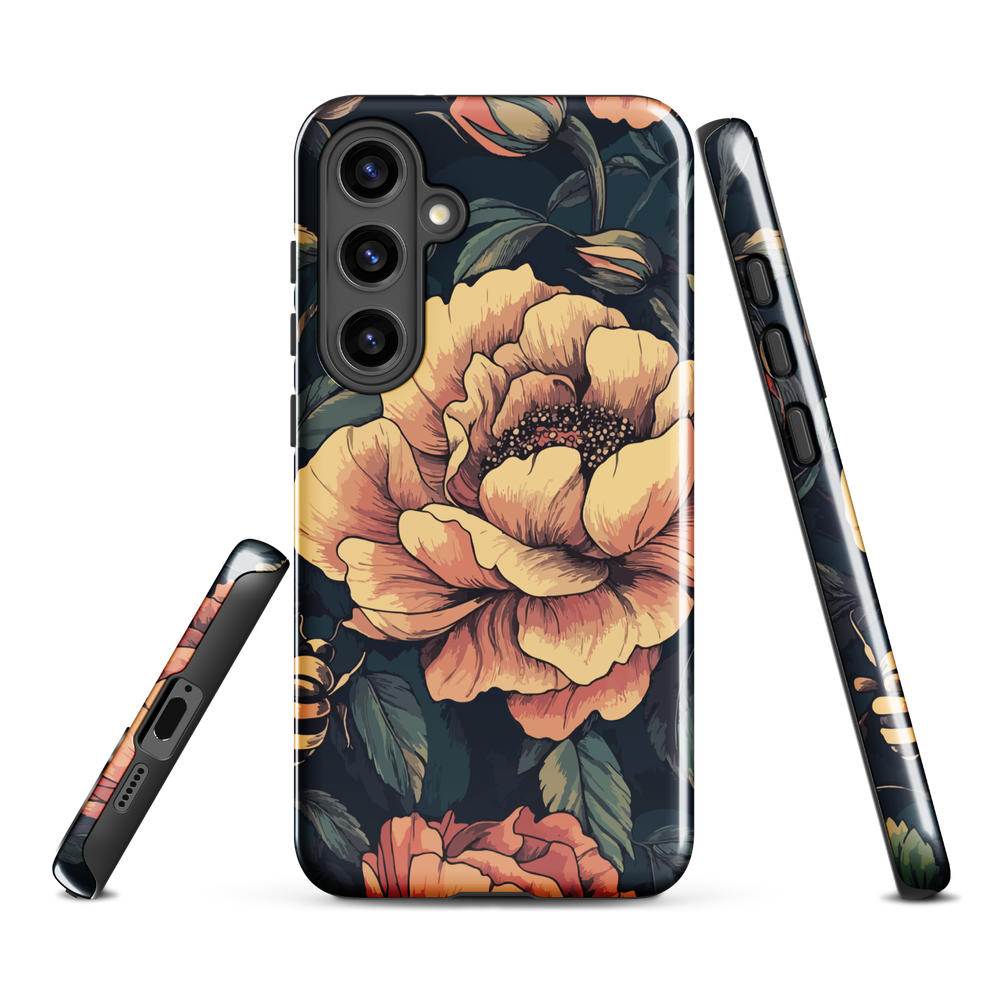 Phone case with vintage-style pink roses and bees on dark background, floral New Zealand artwork.