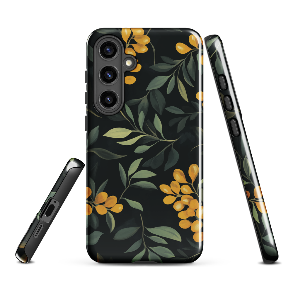 NZ Kowhai phone case with native yellow floral and green leaves on black background by designer Ben Hart.