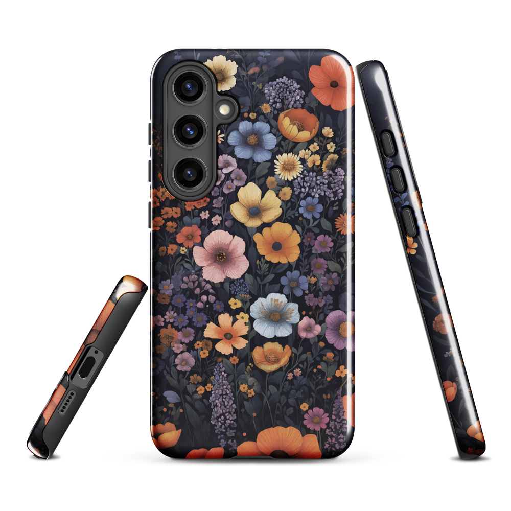 Phone case with colourful wildflowers on dark background, floral art design