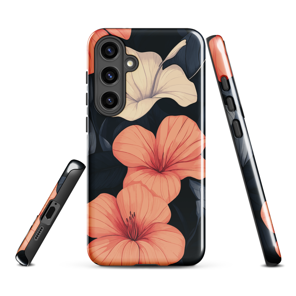 Phone case with coral hibiscus flowers and ivory blooms on dark background
