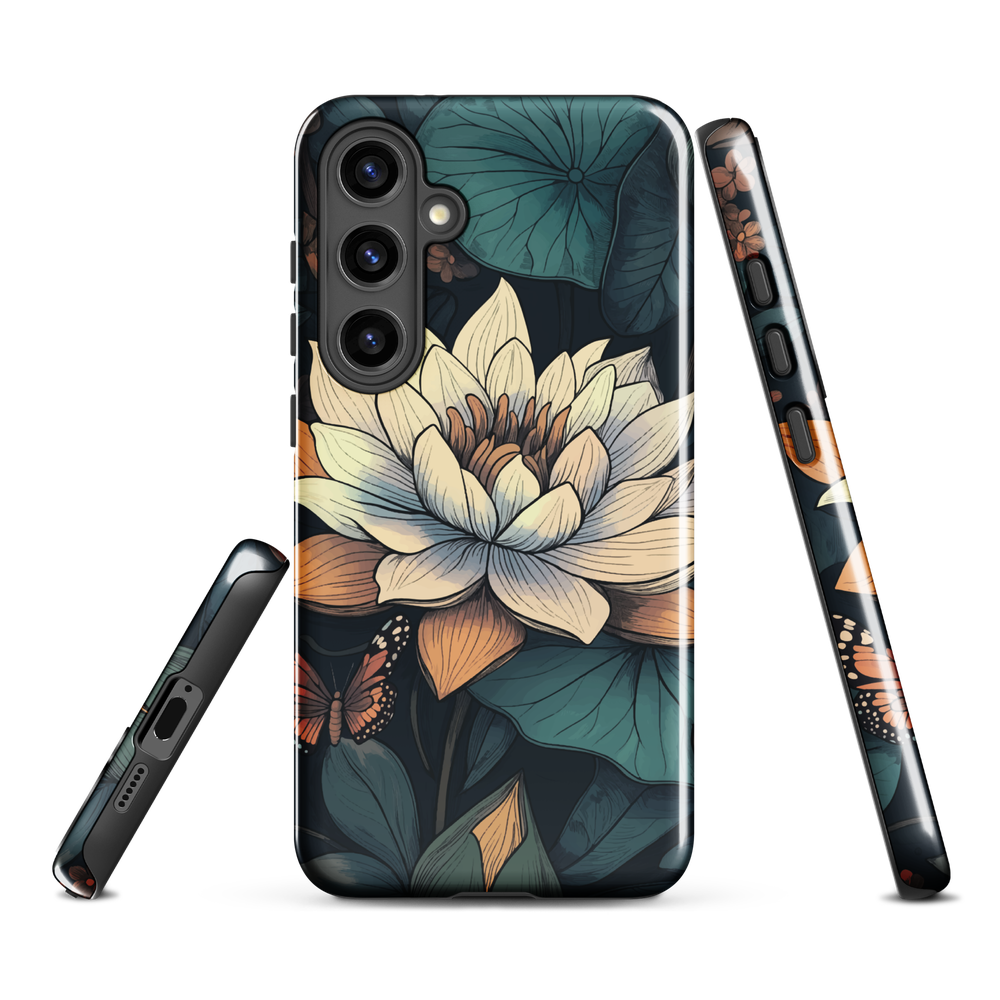 Phone case with ivory water lily, green leaves, and butterfly accents on dark background