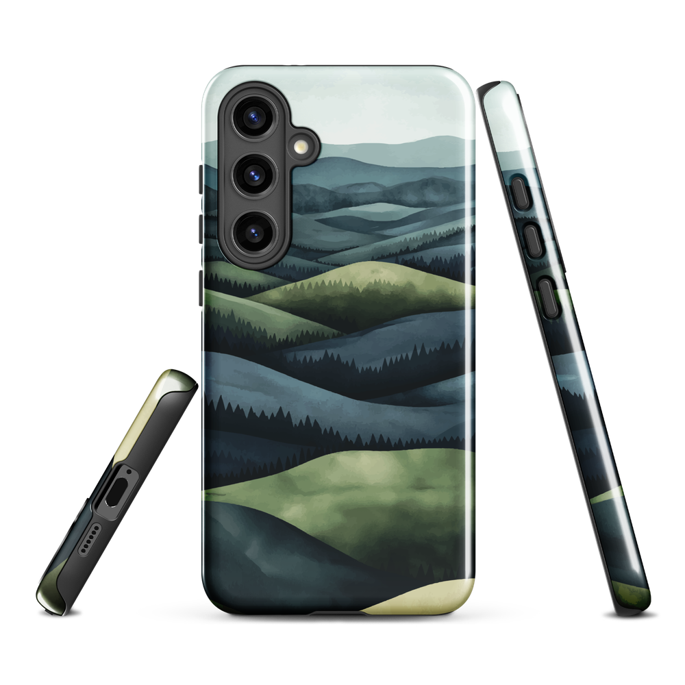 Phone case with layered mountain and forest landscape in blue and green hues