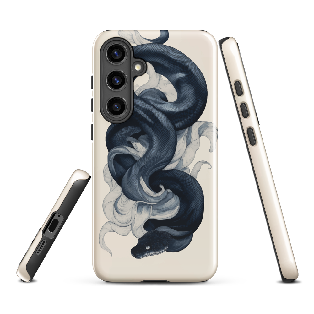 Phone case with black python and smoke design on cream background, serpent art by NZ artist Ben Hart.