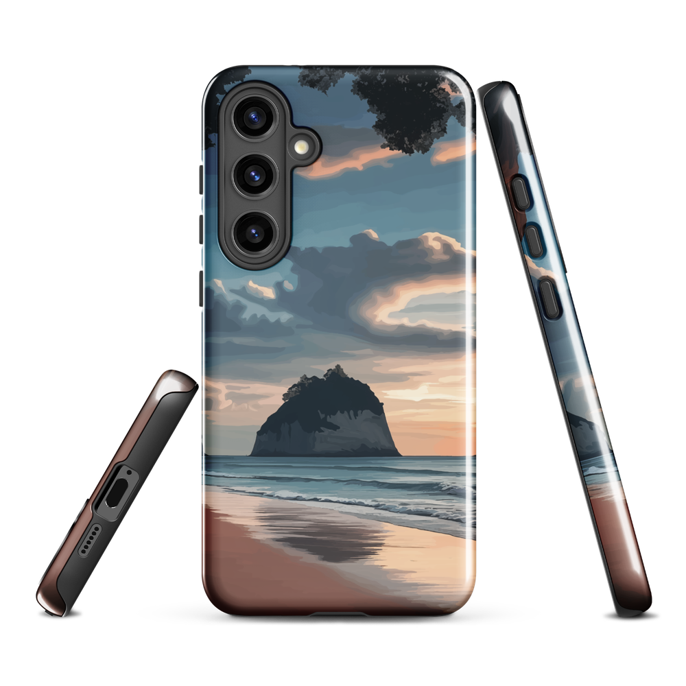 Phone case with Cathedral Cove beach and sunset scene, featuring soft skies and sea stack, by NZ artist Ben Hart.