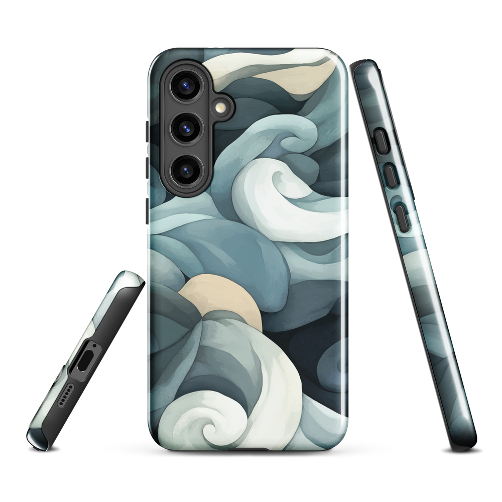 Phone case with abstract swirling ocean waves in blue and cream