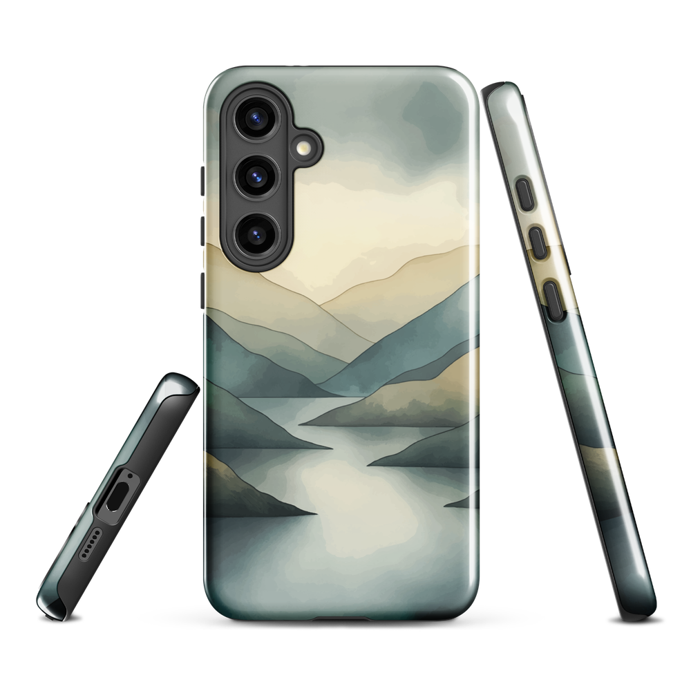 Phone case with soft mountain and valley design in misty green, blue, and golden tones
