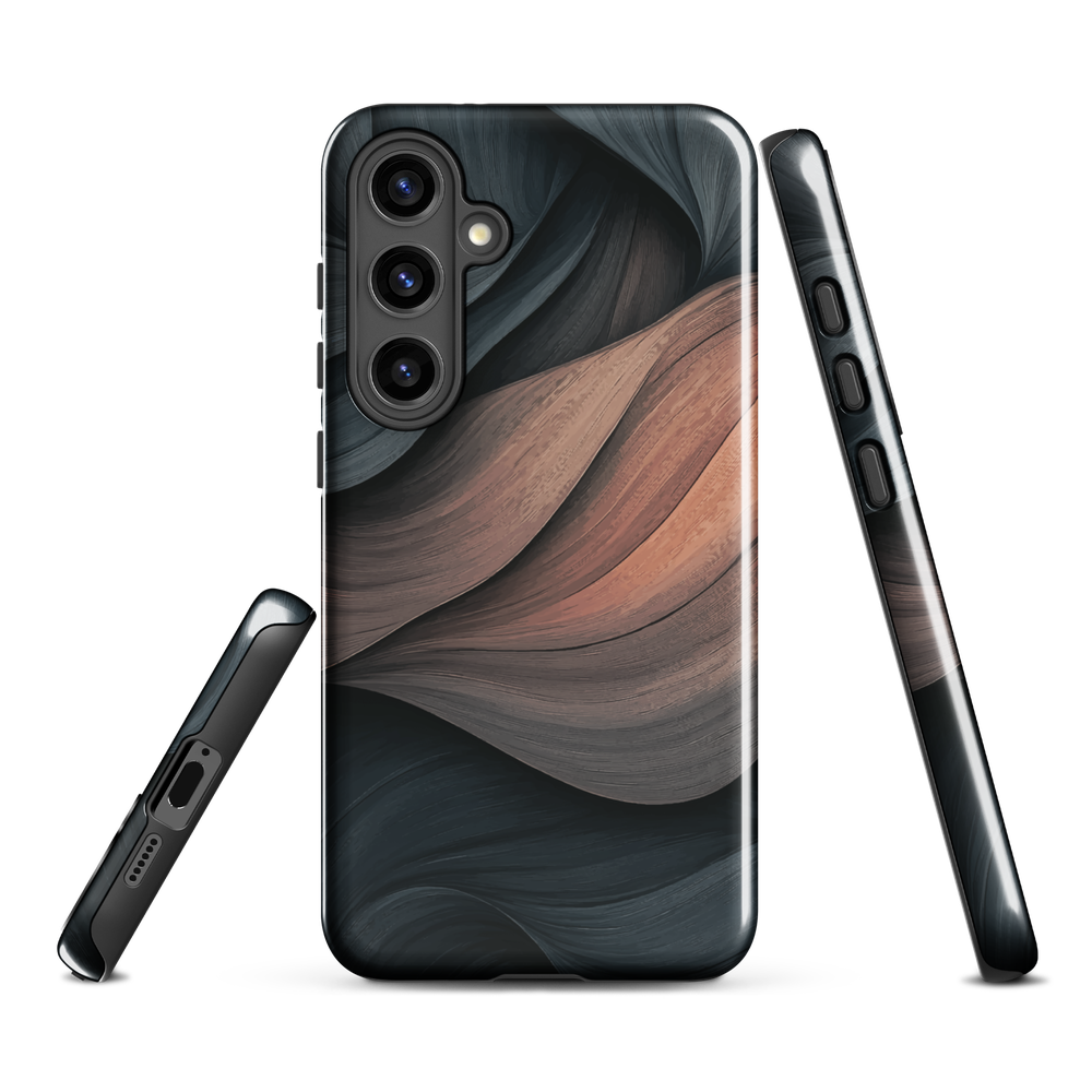 Phone case with flowing abstract design in black, copper and charcoal tones, inspired by dusk shadows