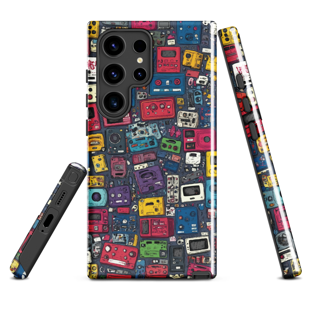 'Arcade' Samsung case, featuring a vibrant collage of hand-drawn controllers in bold, vintage-inspired colours. From electric blue and hot pink to classic black and yellow