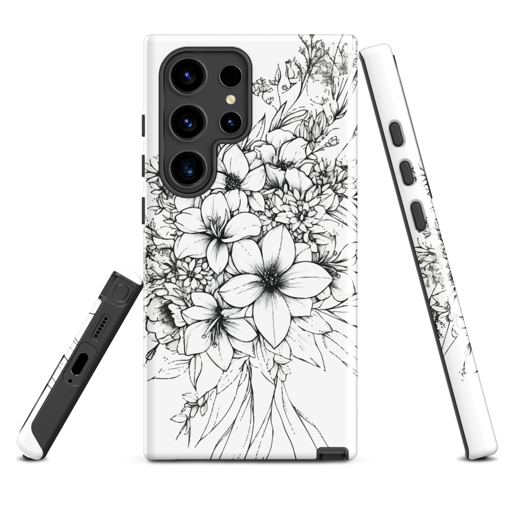 Black and white floral phone case with hand-drawn lilies and wildflowers