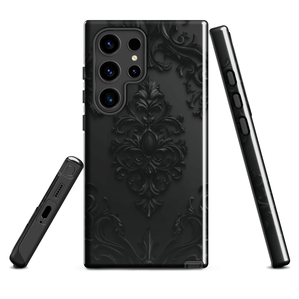Black embossed damask phone case with gothic baroque pattern.