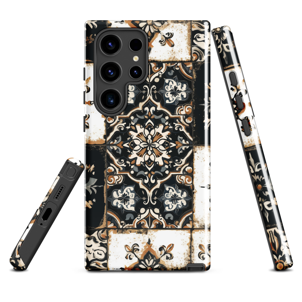 Moroccan tile pattern phone case in black, white, and gold tones with vintage-inspired design.