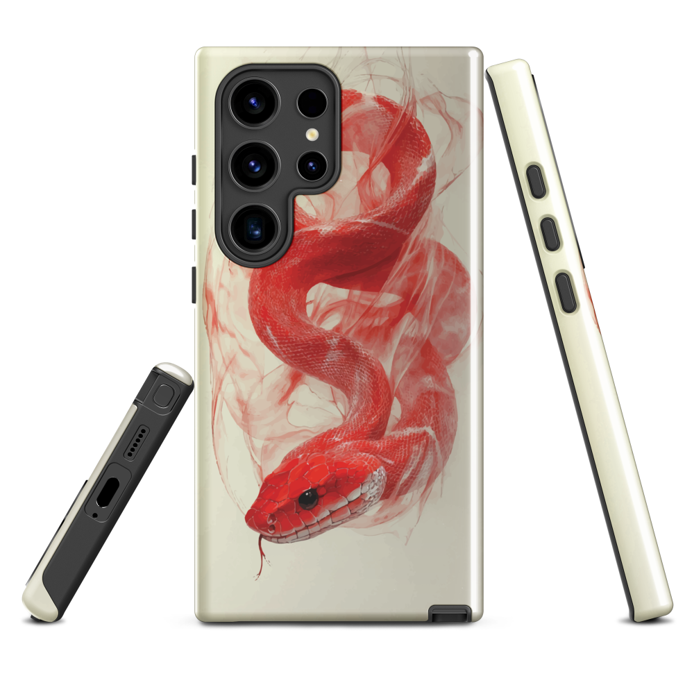Phone case with red snake design on a cream background, coiled in smoky detail. Bold artwork by NZ designer Ben Hart.
