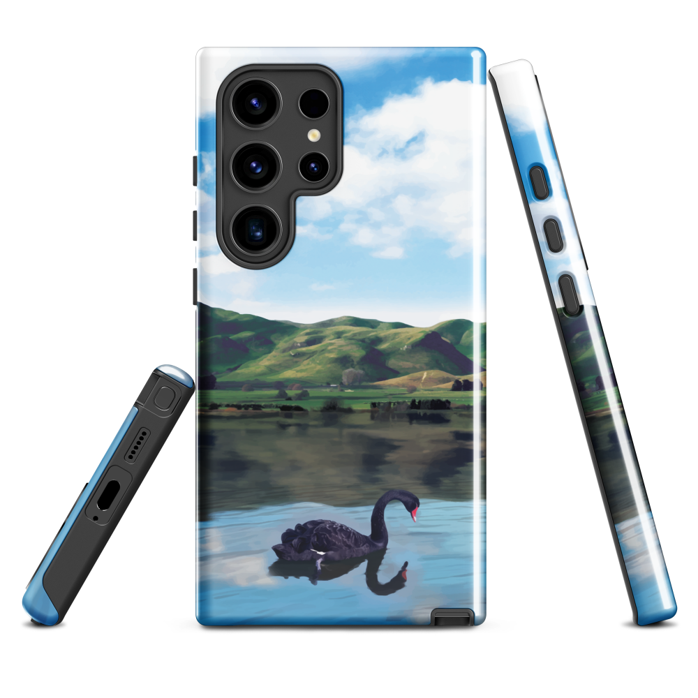 Phone case with a black swan on a calm lake, New Zealand hills in the background. Art by NZ designer Ben Hart.