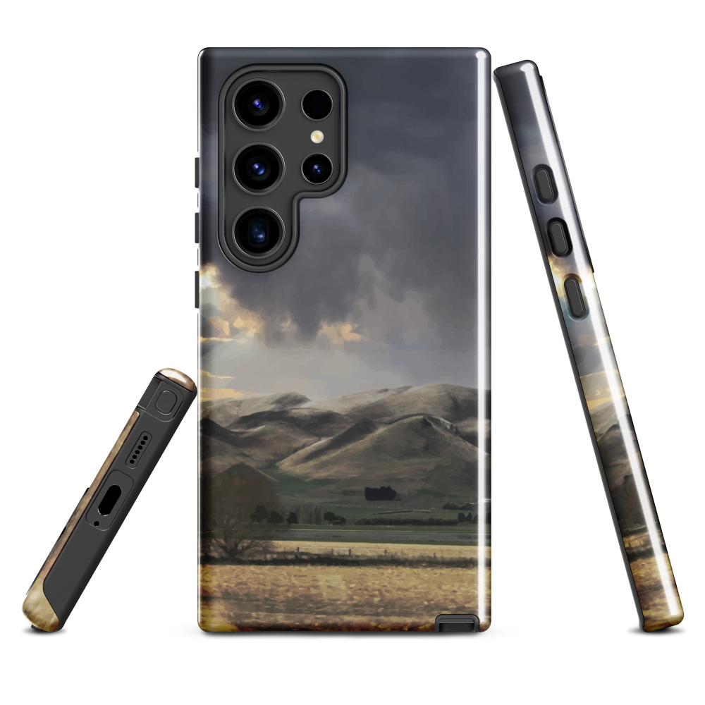 Designer phone case with NZ landscape painting of Te Hauke and cloudy skies by Ben Hart.