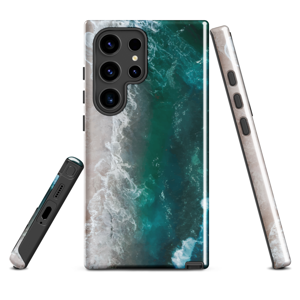 Ocean wave phone case with abstract beach design in teal and white, by NZ artist Ben Hart.