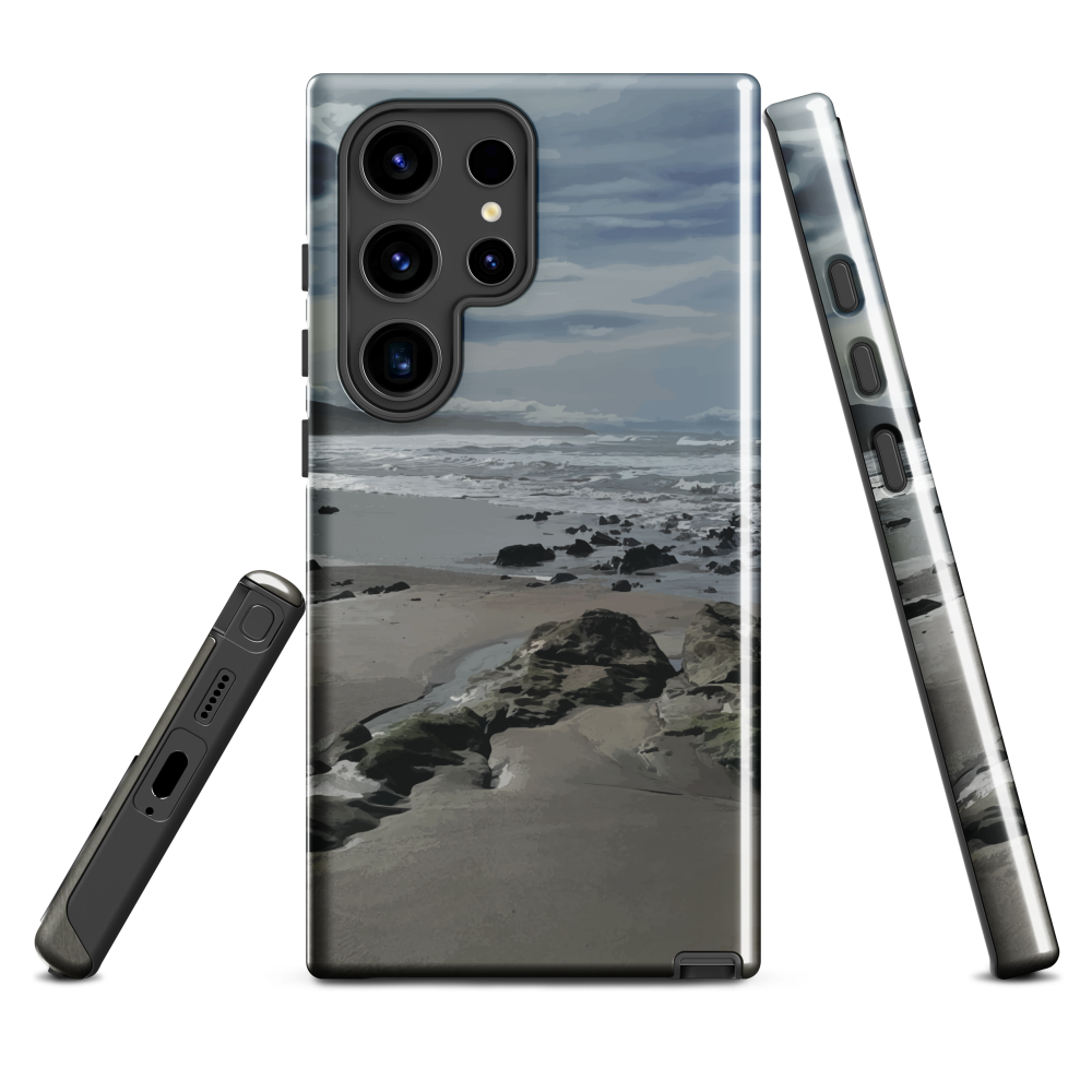Phone case with artwork of Riversdale Beach, Masterton – rocks, waves and sky by NZ artist Ben Hart.