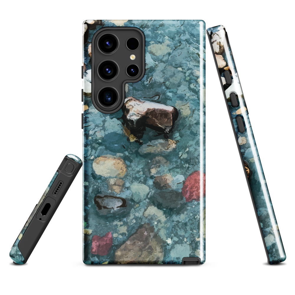 Washed Away designer phone case with abstract river stone artwork in earthy blues and natural tones.