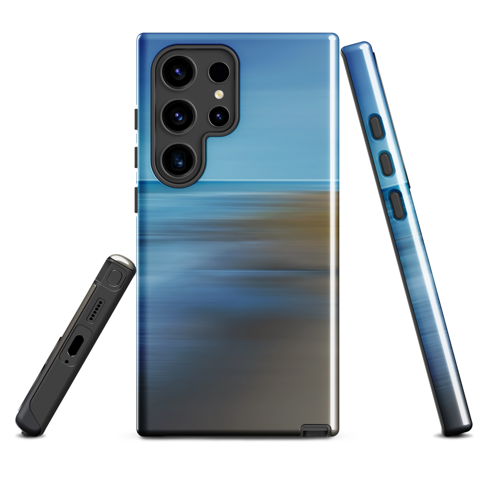 Ocean Breeze phone case with abstract blue and sandy tones inspired by sea and sky.
